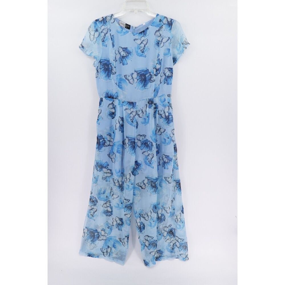 Butterfly Chiffon Jumpsuit XL Blue Wide Leg Sheer Cottagecore Fairy Easter